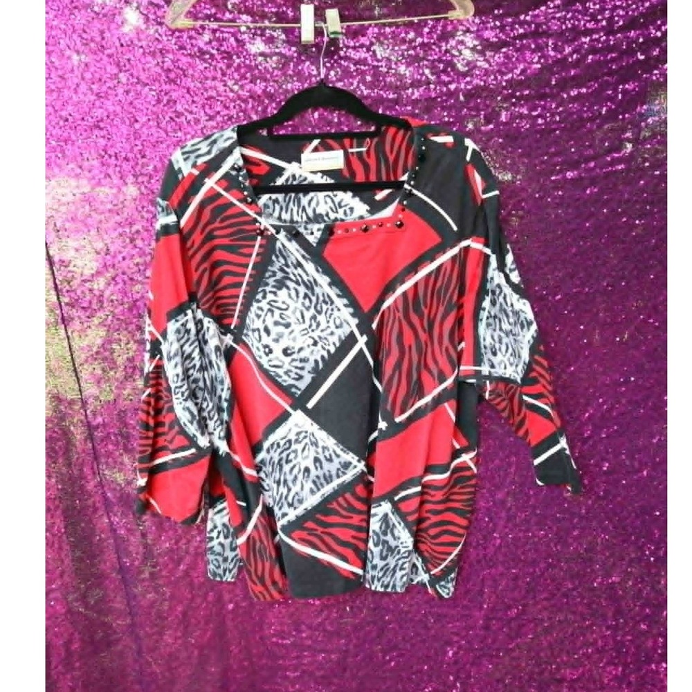 Red Animal Print 2X Alfred Dunner Women Rhinestone Accent Stretch Cotton Top
